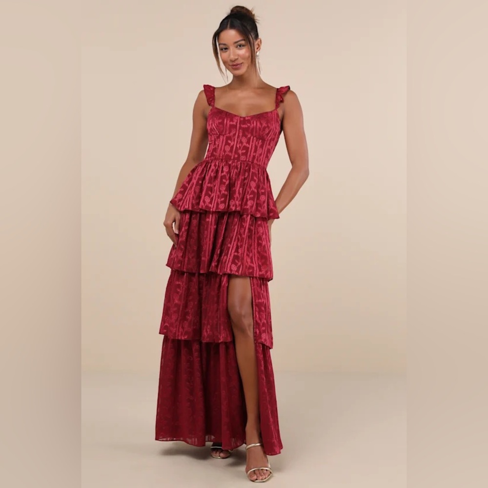 Stunning Glory Wine Red Floral Jacquard Tiered Maxi Dress